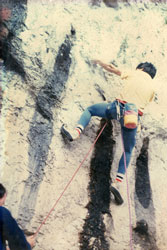 Dave Kenyon on the first ascent of Raindogs 8a at Malham Cove in 1986.  This has atained classic status and is on most 8a climbers wish list.