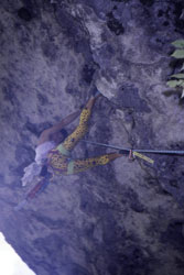 Mark Leach on an early attempt at Kilnsey Main overhang which later became Mandela when he eventually freed it in 1988 at 8b+